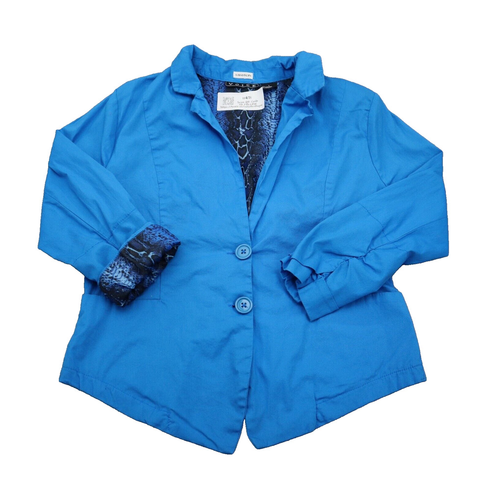 Voice Blazer Womens L Blue Cotton Blend Snake Skin Printed Lining Stretch Suit